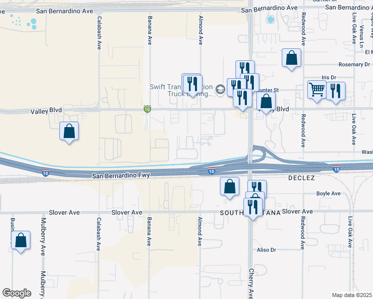 map of restaurants, bars, coffee shops, grocery stores, and more near 10268 Almond Avenue in Fontana