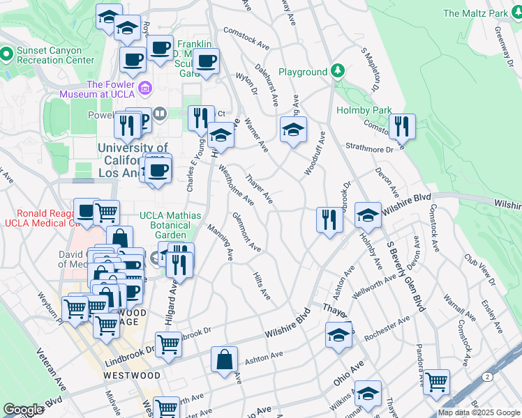map of restaurants, bars, coffee shops, grocery stores, and more near 760 Westholme Avenue in Los Angeles