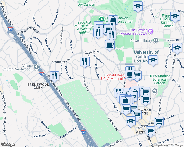 map of restaurants, bars, coffee shops, grocery stores, and more near 540 Kelton Avenue in Los Angeles