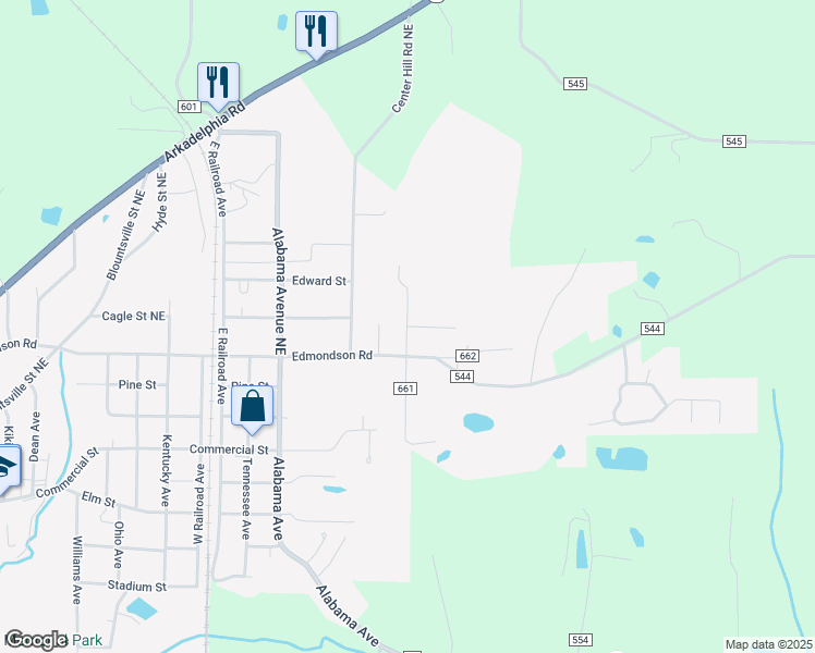 map of restaurants, bars, coffee shops, grocery stores, and more near 501 Lynn Street Northeast in Hanceville