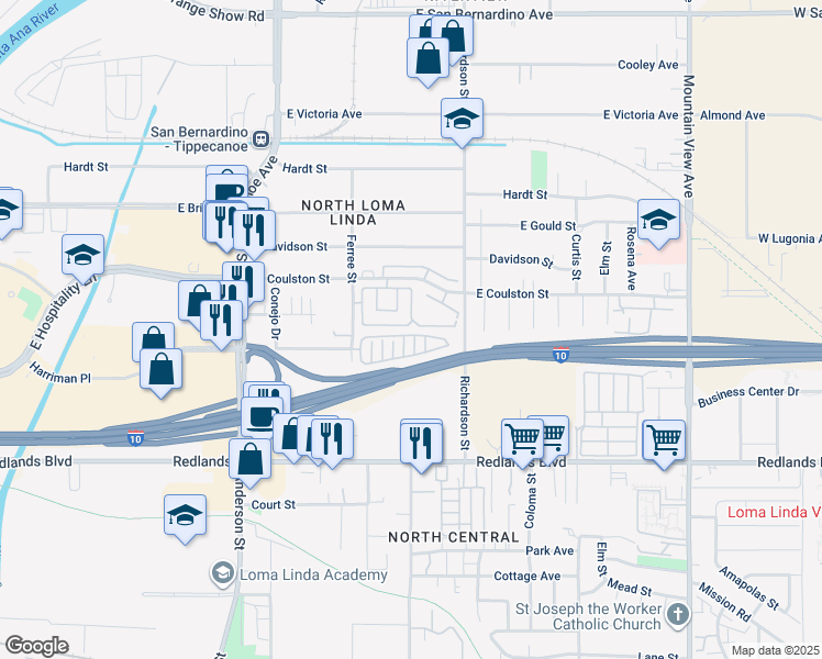 map of restaurants, bars, coffee shops, grocery stores, and more near 1487 Sycamore Lane in San Bernardino