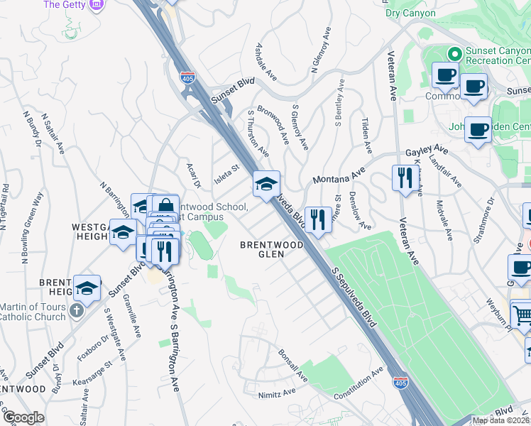 map of restaurants, bars, coffee shops, grocery stores, and more near 11325 Elderwood Street in Los Angeles
