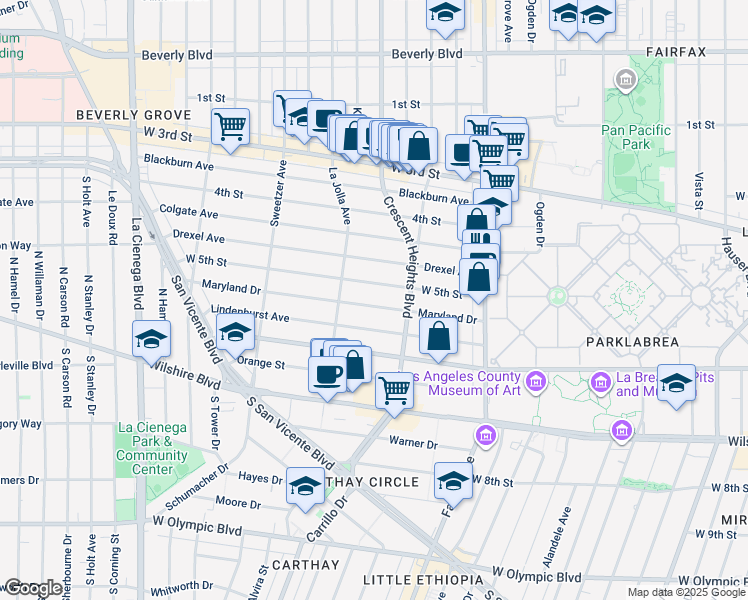 map of restaurants, bars, coffee shops, grocery stores, and more near 6341 Maryland Drive in Los Angeles