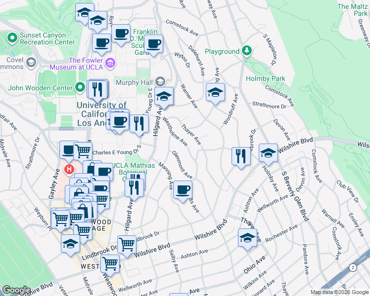 map of restaurants, bars, coffee shops, grocery stores, and more near 751 Westholme Avenue in Los Angeles
