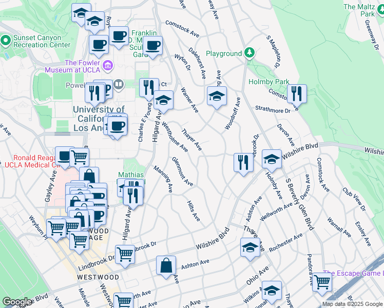 map of restaurants, bars, coffee shops, grocery stores, and more near 760 Westholme Avenue in Los Angeles