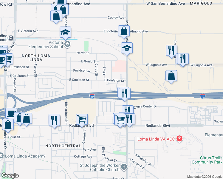 map of restaurants, bars, coffee shops, grocery stores, and more near 1965 East Coulston Street in Loma Linda