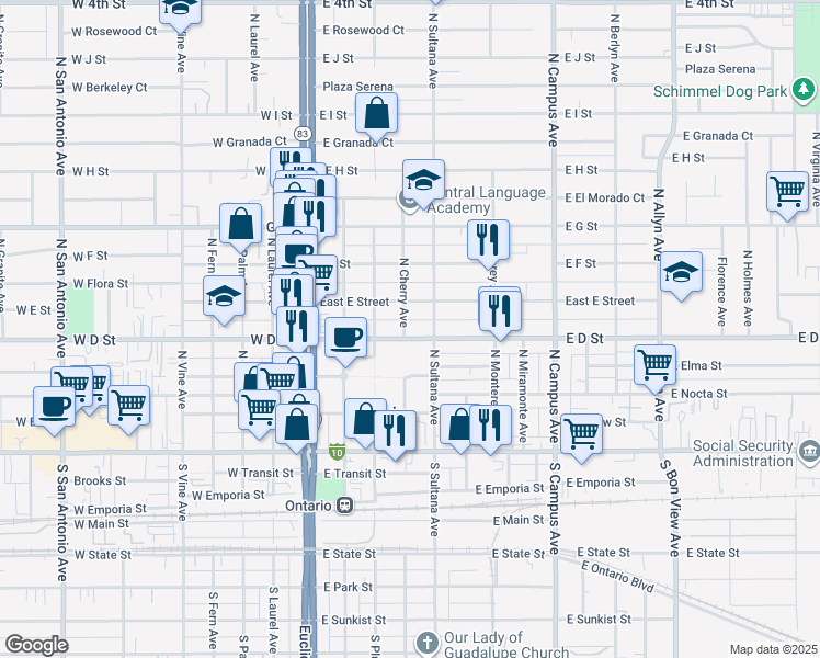 map of restaurants, bars, coffee shops, grocery stores, and more near 412 North Cherry Avenue in Ontario