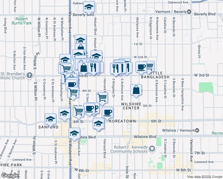 map of restaurants, bars, coffee shops, grocery stores, and more near 355 South Kingsley Drive in Los Angeles