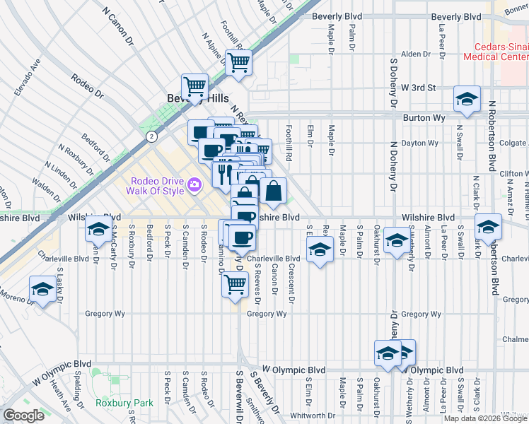 map of restaurants, bars, coffee shops, grocery stores, and more near 2 North Canon Drive in Beverly Hills