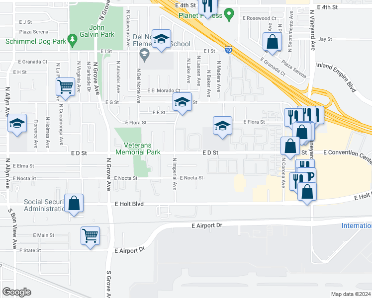 map of restaurants, bars, coffee shops, grocery stores, and more near 408 North Imperial Avenue in Ontario