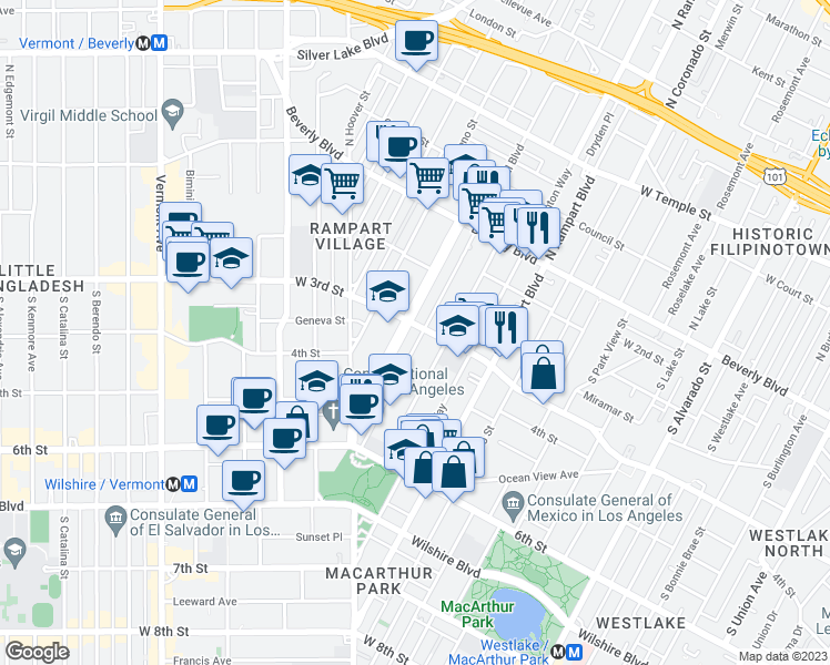 map of restaurants, bars, coffee shops, grocery stores, and more near 2830 West 3rd Street in Los Angeles