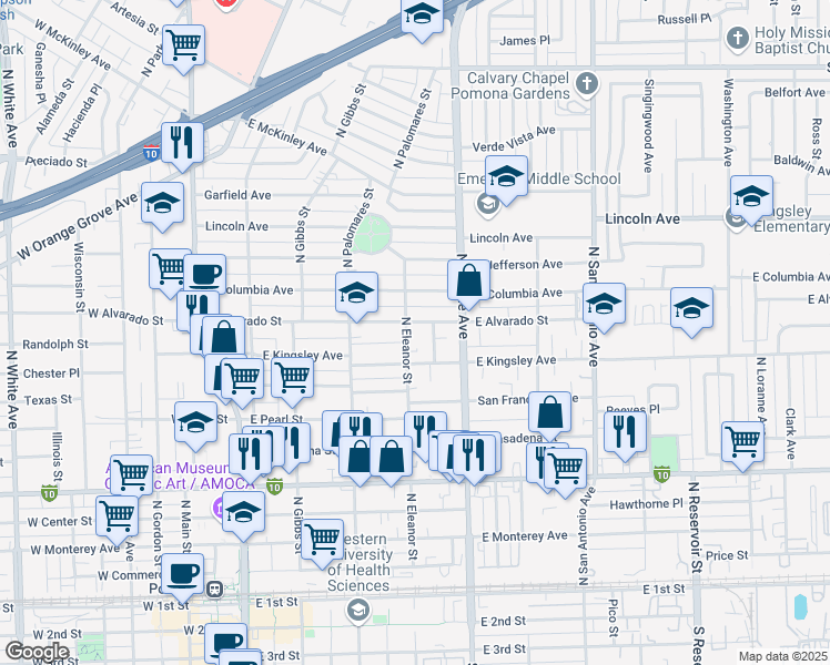 map of restaurants, bars, coffee shops, grocery stores, and more near 984 North Eleanor Street in Pomona