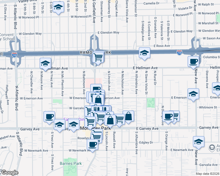 map of restaurants, bars, coffee shops, grocery stores, and more near 430 North Lincoln Avenue in Monterey Park