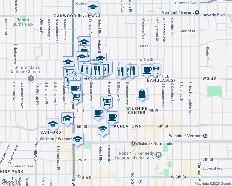 map of restaurants, bars, coffee shops, grocery stores, and more near 355 South Kingsley Drive in Los Angeles