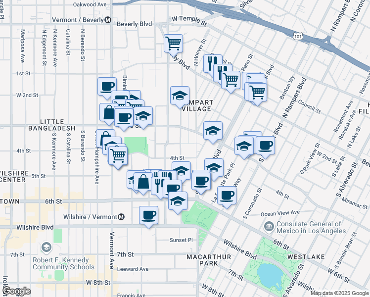 map of restaurants, bars, coffee shops, grocery stores, and more near 358 South Commonwealth Avenue in Los Angeles