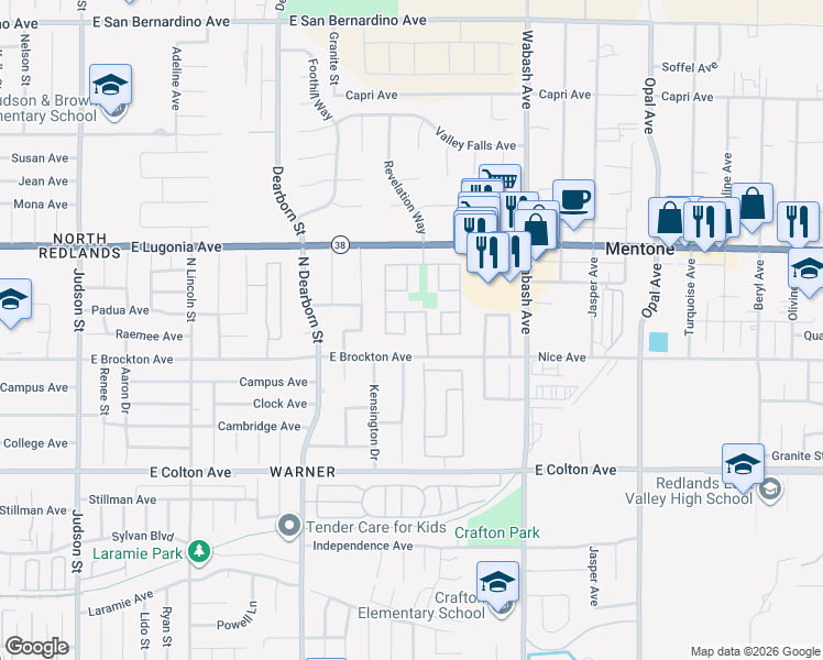 map of restaurants, bars, coffee shops, grocery stores, and more near 1148 Vía Ravenna in Redlands