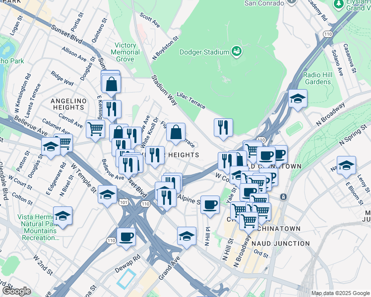 map of restaurants, bars, coffee shops, grocery stores, and more near 930 Figueroa Terrace in Los Angeles