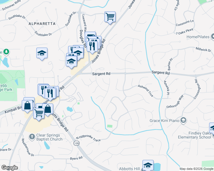 map of restaurants, bars, coffee shops, grocery stores, and more near 500 Birch Forest Lane in Alpharetta
