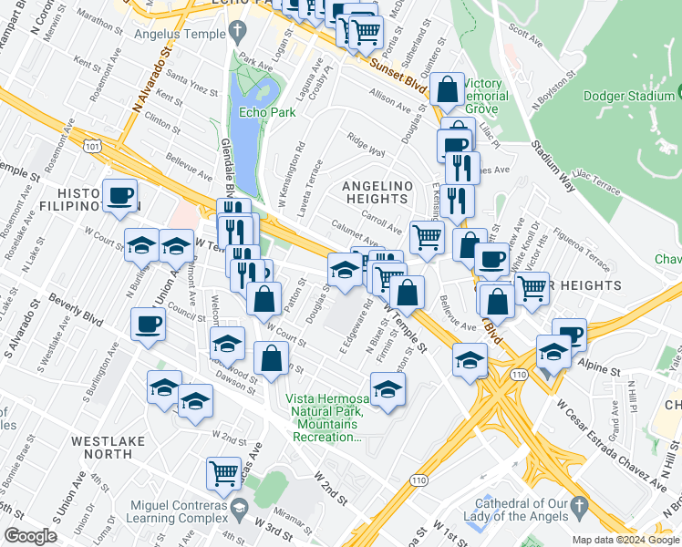 map of restaurants, bars, coffee shops, grocery stores, and more near 1357 West Temple Street in Los Angeles