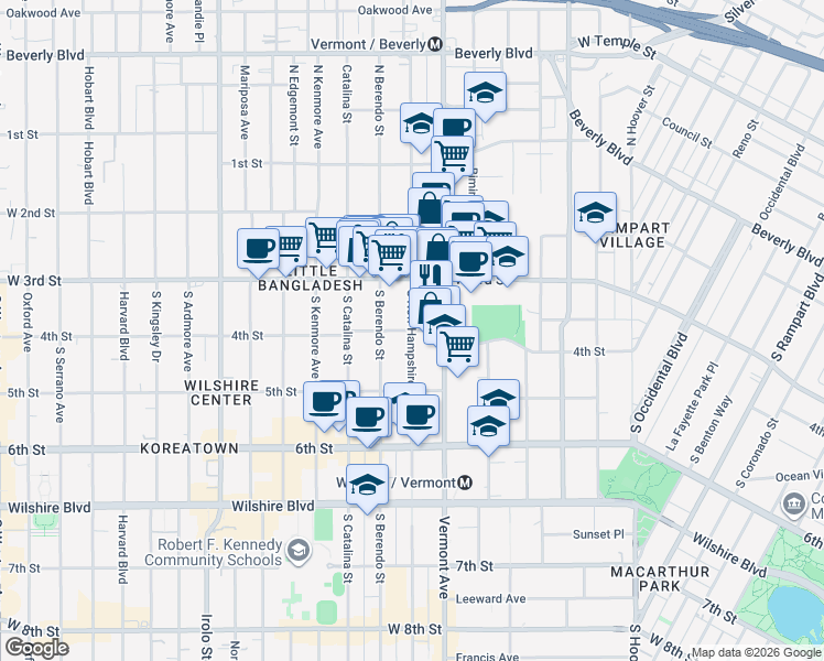 map of restaurants, bars, coffee shops, grocery stores, and more near West 4th Street & South New Hampshire Avenue in Los Angeles