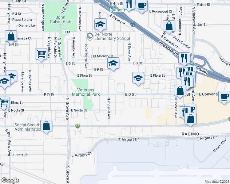 map of restaurants, bars, coffee shops, grocery stores, and more near 408 North Imperial Avenue in Ontario