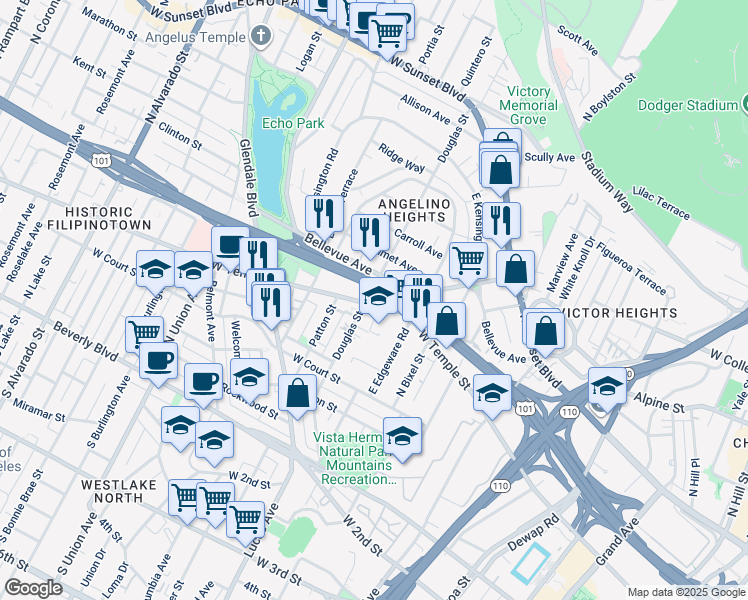map of restaurants, bars, coffee shops, grocery stores, and more near 1347 Bellevue Avenue in Los Angeles