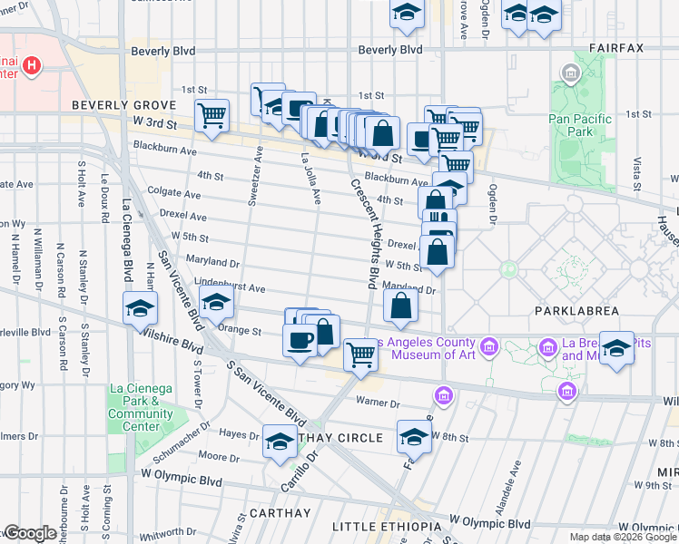 map of restaurants, bars, coffee shops, grocery stores, and more near 6351 West 5th Street in Los Angeles