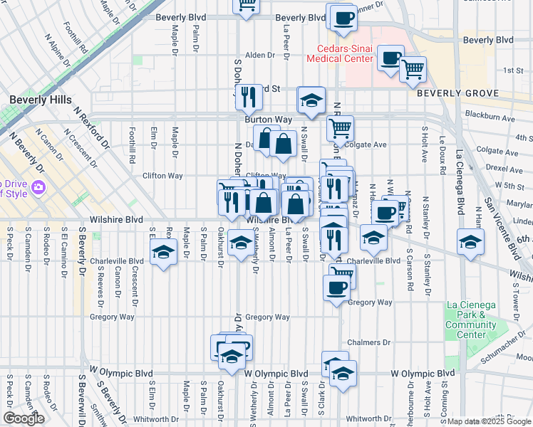 map of restaurants, bars, coffee shops, grocery stores, and more near 126 North Almont Drive in Beverly Hills