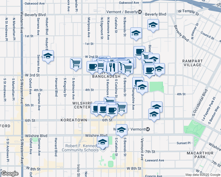 map of restaurants, bars, coffee shops, grocery stores, and more near 360 South Kenmore Avenue in Los Angeles