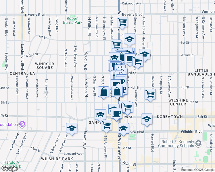 map of restaurants, bars, coffee shops, grocery stores, and more near 351 South Manhattan Place in Los Angeles