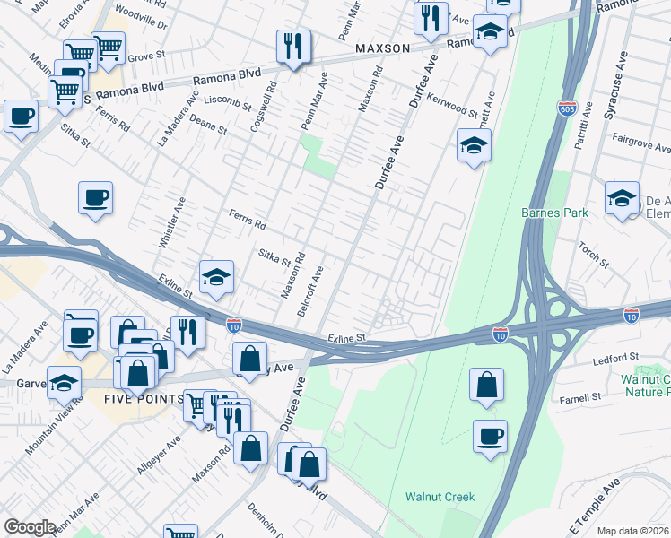 map of restaurants, bars, coffee shops, grocery stores, and more near 3609 Durfee Avenue in El Monte