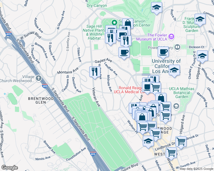 map of restaurants, bars, coffee shops, grocery stores, and more near 11002 Ophir Drive in Los Angeles
