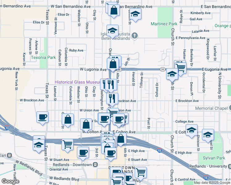 map of restaurants, bars, coffee shops, grocery stores, and more near 1133 Alta Street in Redlands