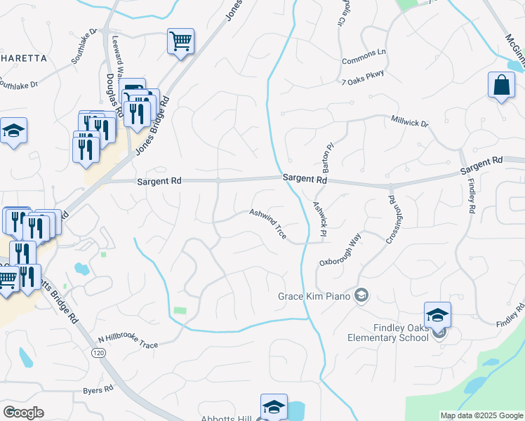 map of restaurants, bars, coffee shops, grocery stores, and more near 5570 Ashwind Trce in Alpharetta