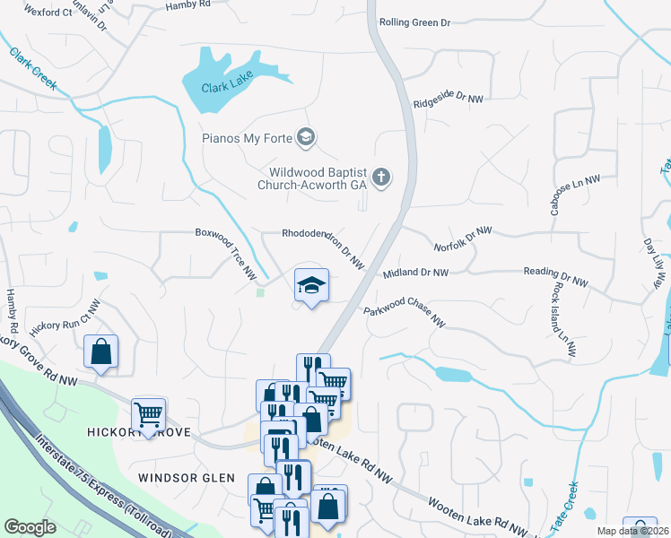 map of restaurants, bars, coffee shops, grocery stores, and more near 1370 Boxwood Trce Northwest in Acworth