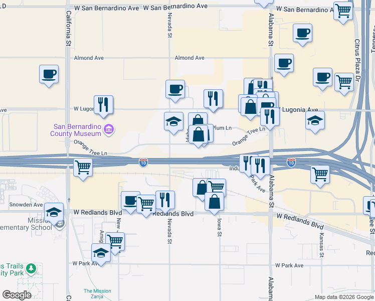 map of restaurants, bars, coffee shops, grocery stores, and more near 1801 Orange Tree Lane in Redlands