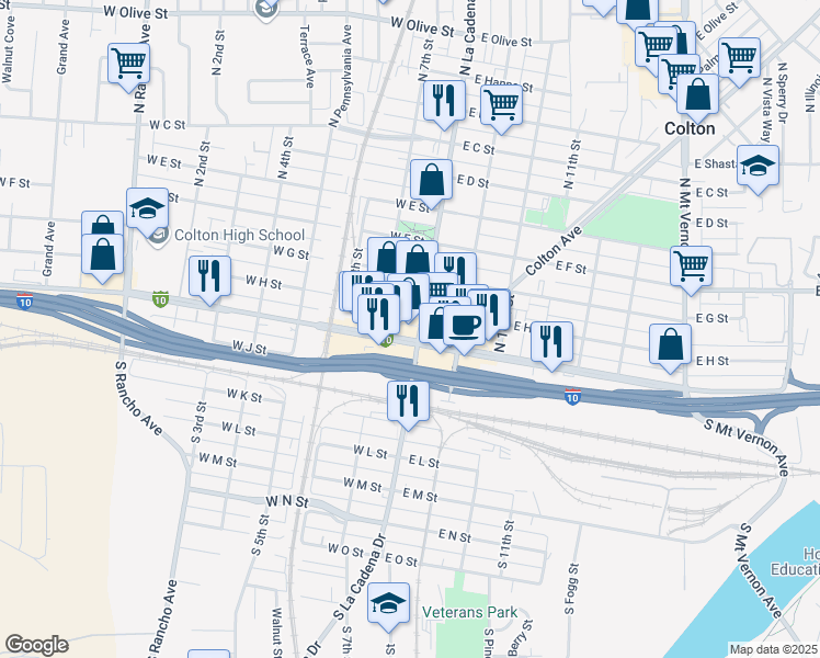 map of restaurants, bars, coffee shops, grocery stores, and more near 308 North La Cadena Drive in Colton