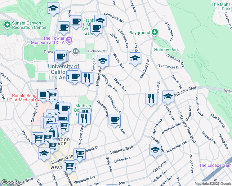 map of restaurants, bars, coffee shops, grocery stores, and more near 751 Westholme Avenue in Los Angeles