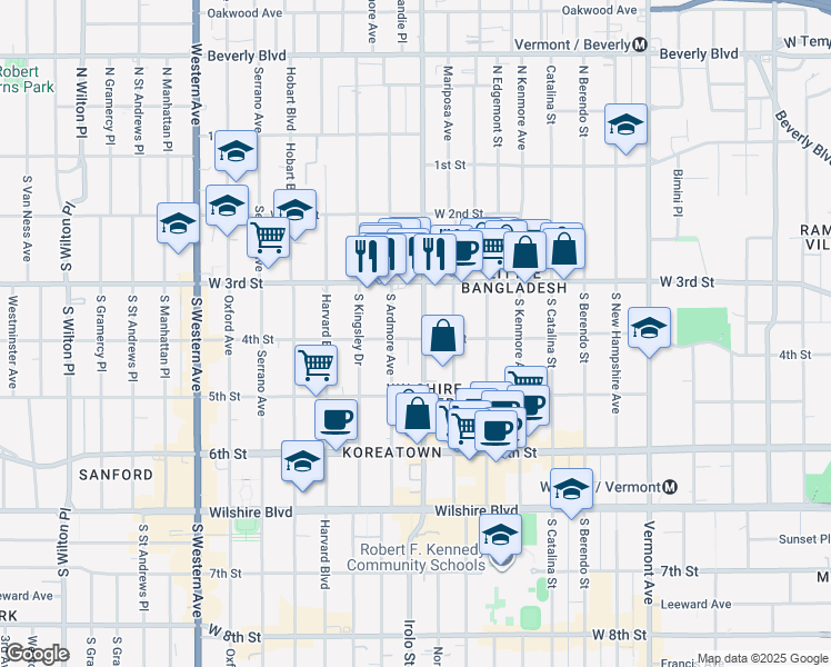 map of restaurants, bars, coffee shops, grocery stores, and more near 3905 4th Street in Los Angeles