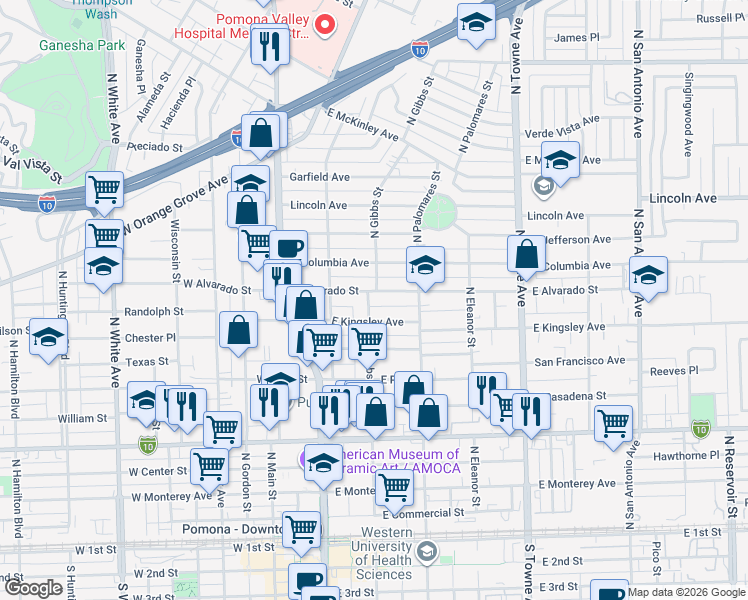 map of restaurants, bars, coffee shops, grocery stores, and more near 954 North Gibbs Street in Pomona