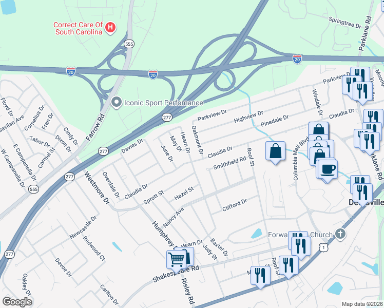 map of restaurants, bars, coffee shops, grocery stores, and more near 3824 Hearn Drive in Columbia