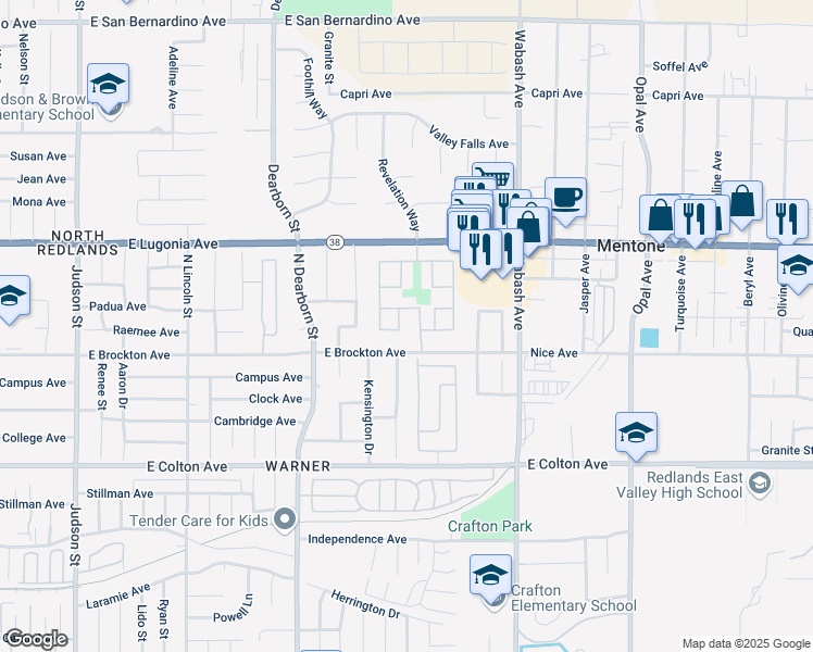 map of restaurants, bars, coffee shops, grocery stores, and more near 1148 Vía Ravenna in Redlands