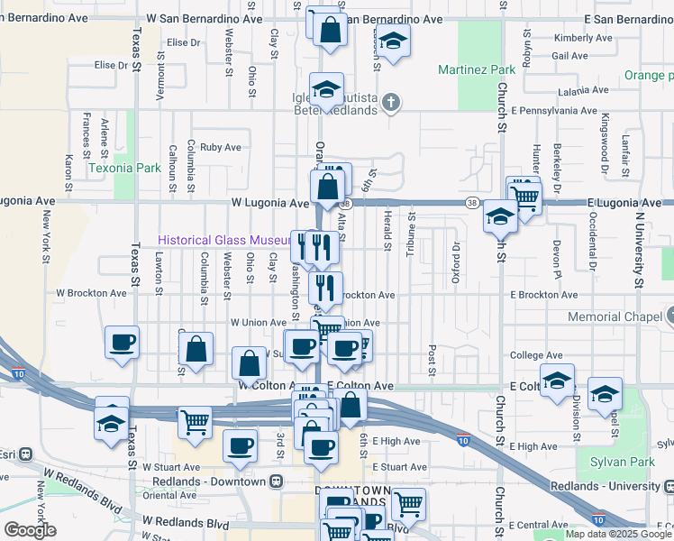 map of restaurants, bars, coffee shops, grocery stores, and more near 1133 Alta Street in Redlands