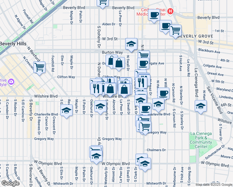 map of restaurants, bars, coffee shops, grocery stores, and more near 8949 Wilshire Boulevard in Beverly Hills