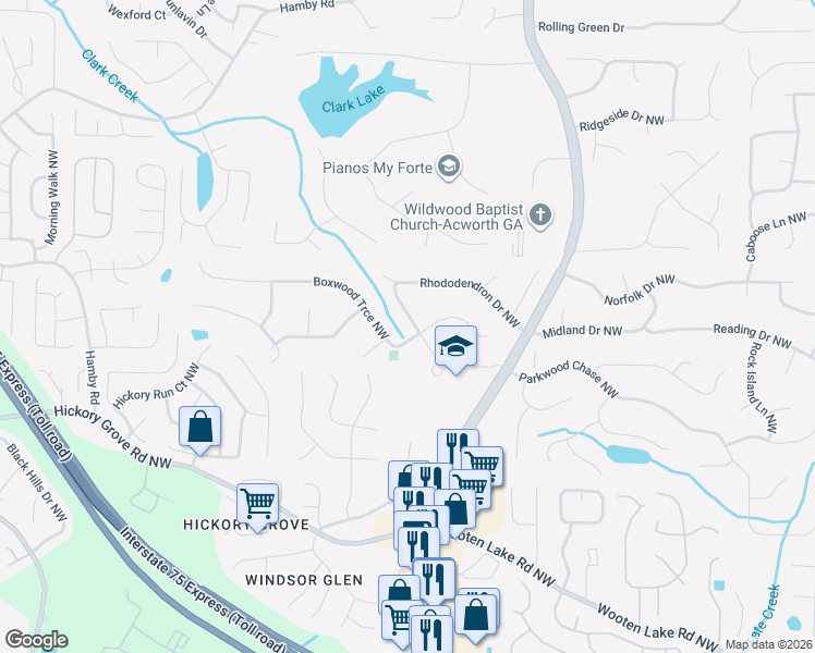map of restaurants, bars, coffee shops, grocery stores, and more near 4671 Mahonia Way Northwest in Acworth
