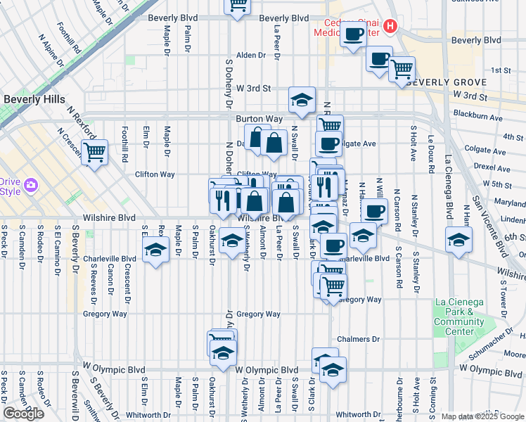 map of restaurants, bars, coffee shops, grocery stores, and more near 121 North Almont Drive in Beverly Hills