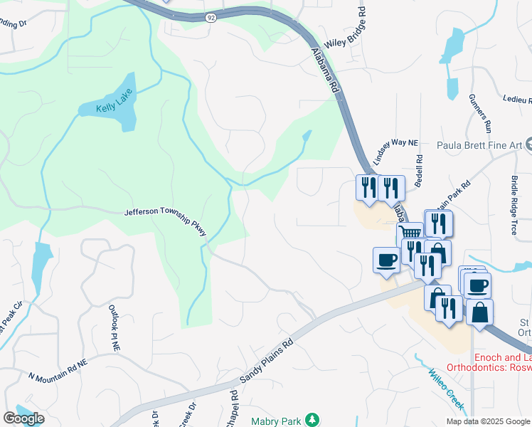 map of restaurants, bars, coffee shops, grocery stores, and more near 4673 Jefferson Township Place in Marietta