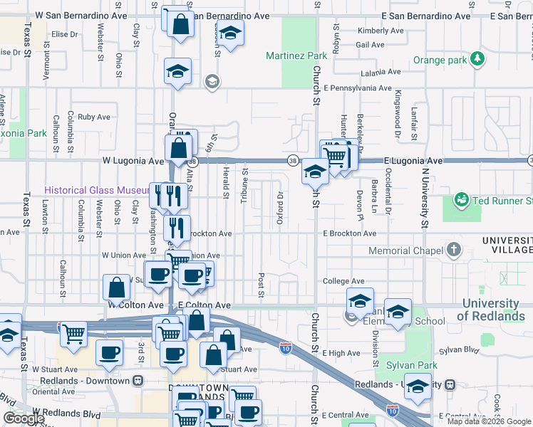 map of restaurants, bars, coffee shops, grocery stores, and more near 1118 Post Street in Redlands