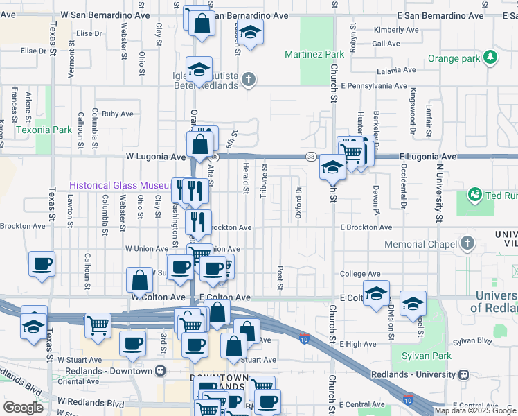 map of restaurants, bars, coffee shops, grocery stores, and more near 1155 Tribune Street in Redlands