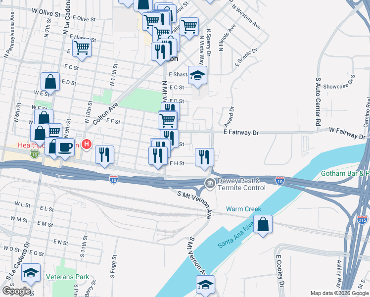 map of restaurants, bars, coffee shops, grocery stores, and more near 871 East G Street in Colton